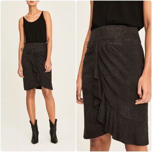 NWT Ba&sh Susette Ruffle Suede Leather Skirt Carbon Black 0(XS), 1(S), 2(M) $495